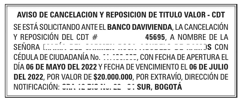 Aviso de Perdida de Título Valor 2 Aviso de Perdida de Título Valor