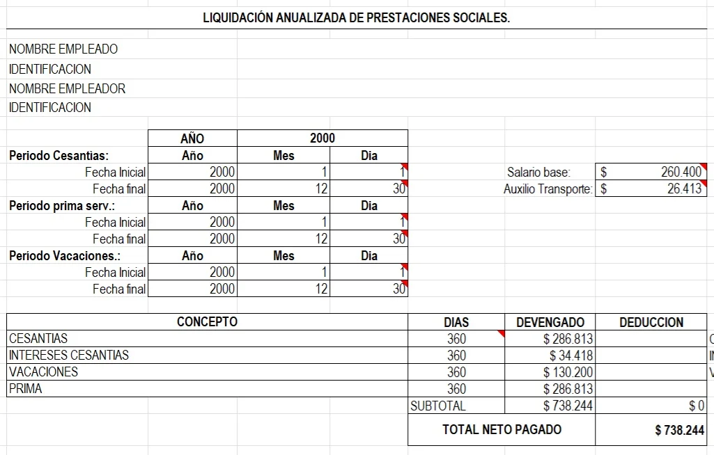 Imagen del cuadro de ejemplo de liquidación laboral de prestaciones sociales