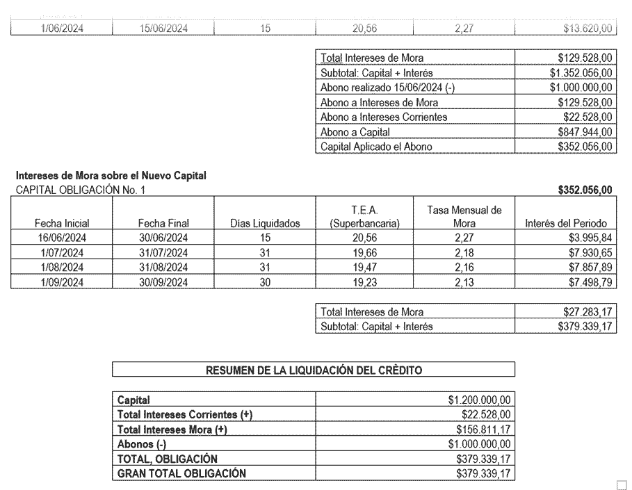 Ejemplo de liquidacion de intereses de plazo y moratorio descuento de abono a la deuda